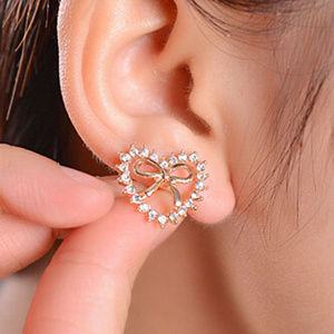 SWEET Goldtone Hollow Crystal Heart with Bow Studs